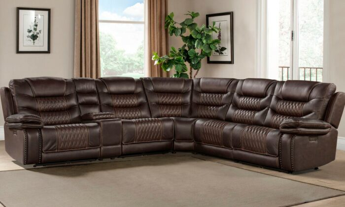 5752 Sectional Living Room Set upholstered in top grain leather, featuring dual-power recline and power headrests, with USB plug-ins and a durable pine and plywood frame