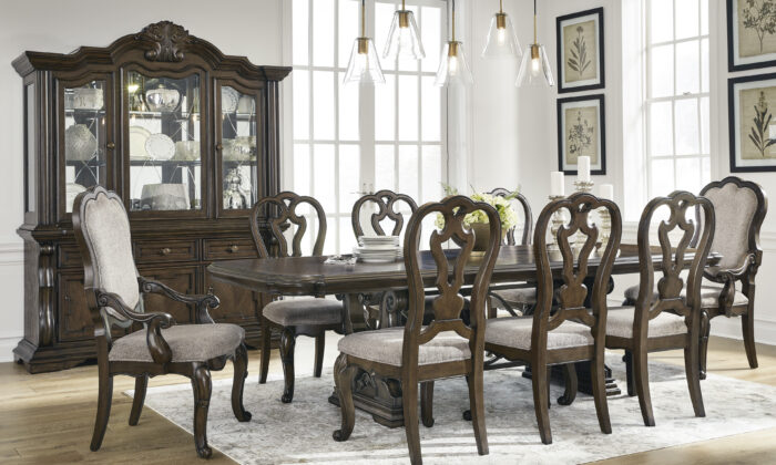 Maylee 9 Piece Dining Room Set with Double Pedestal Table and Ornate Chairs
