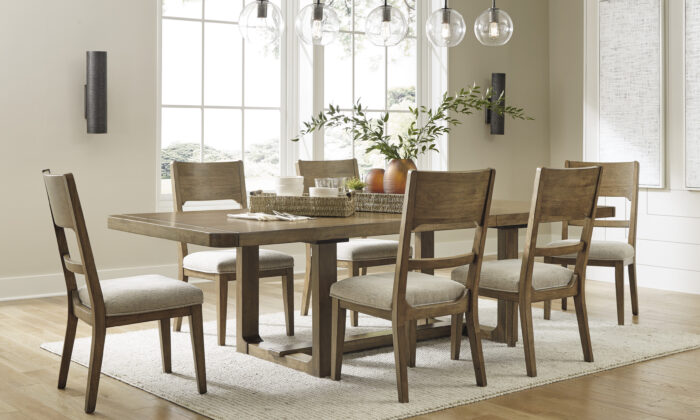 Cabalynn 7 Piece Dining Room Set with Trestle Table and Cushioned Chairs in Light Brown Glazed Finish