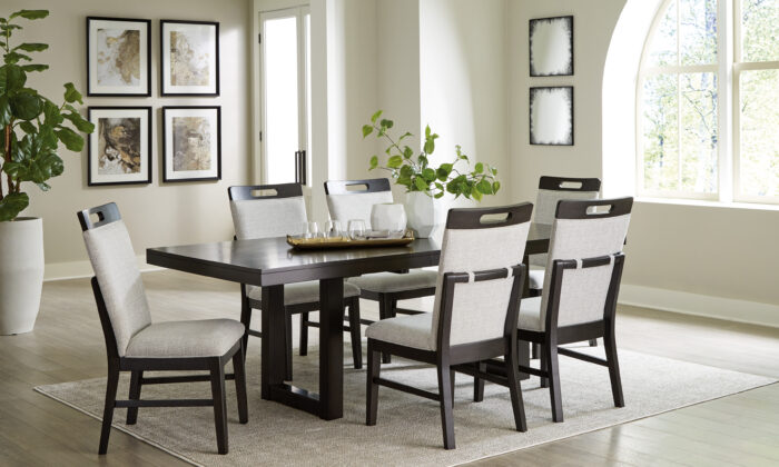 Neymorton 7 Piece Dining Room Set with dark gray/brown finish and Nuvella® upholstered chairs