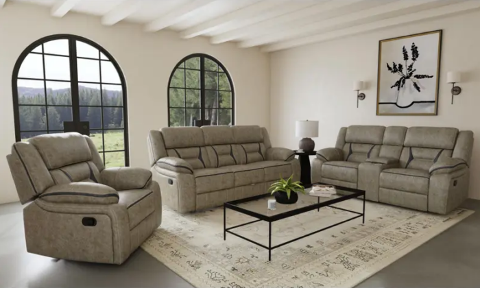 Engage Motion 2 Piece Living Room Set in a modern living room with large windows