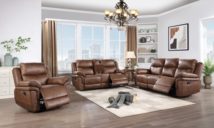 Ryland 2 Piece Living Room Set in rich brown fabric with console loveseat and cupholders