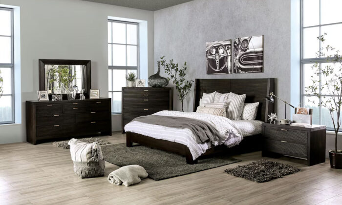 Laurentian 6 Piece Bedroom Set in Dark Walnut Finish with wingback bed, nightstand, dresser, and mirror featuring golden accents.