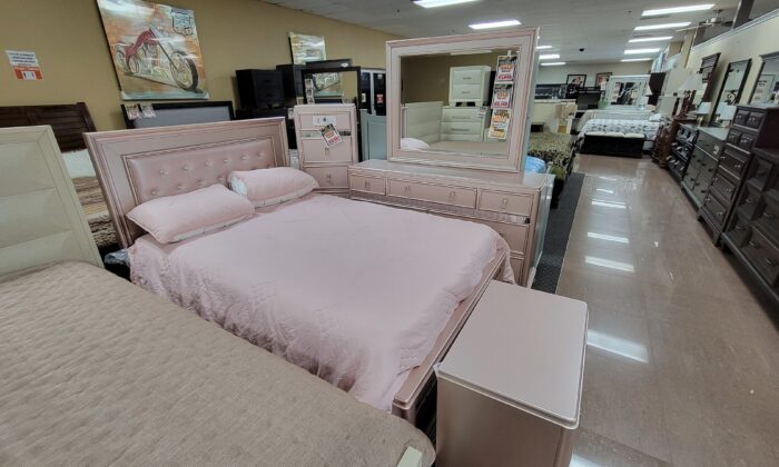 Ariston 6 Piece Bedroom Set in light pink featuring headboard, footboard, rails, nightstand, dresser, and mirror.