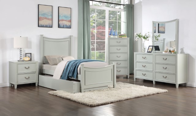 Lycorida Gray 6 Piece Bedroom Set with reverse arches on headboard, light gray finish, and chrome pulls on dresser.