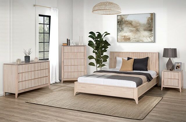 Gervais 5 Piece Bedroom Set in a whitewash finish with vertical reeding and mid-century modern design.