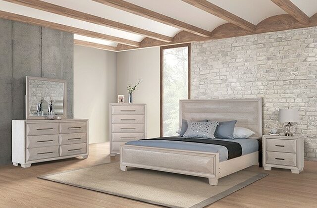 Hinwitz White 6 Piece Bedroom Set featuring headboard, dresser, nightstand, and mirror in transitional style