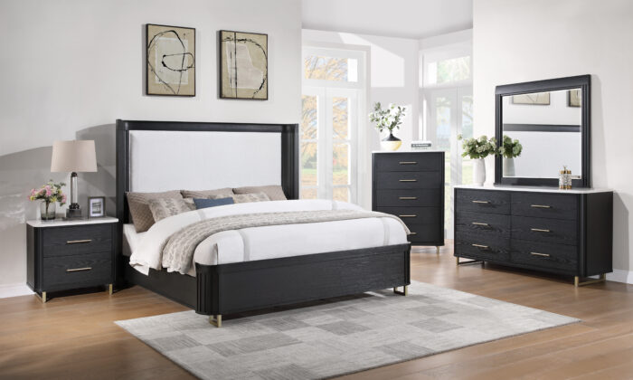 Midtown Onyx 6 Piece Bedroom Set – modern black and gold furniture with upholstered headboard.