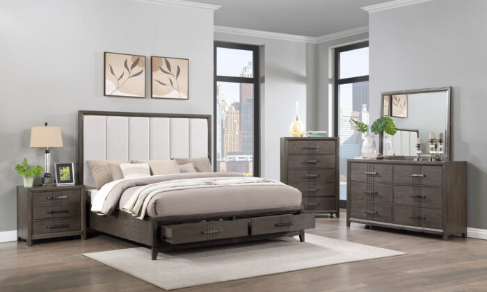 6-Piece Bedroom Set with platform storage bed, dresser, mirror, and nightstand in walnut finish.