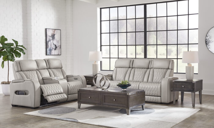 Boyington-Gray 2 Piece Power Living Room Set with leather upholstery, power reclining, massage, and LED lighting