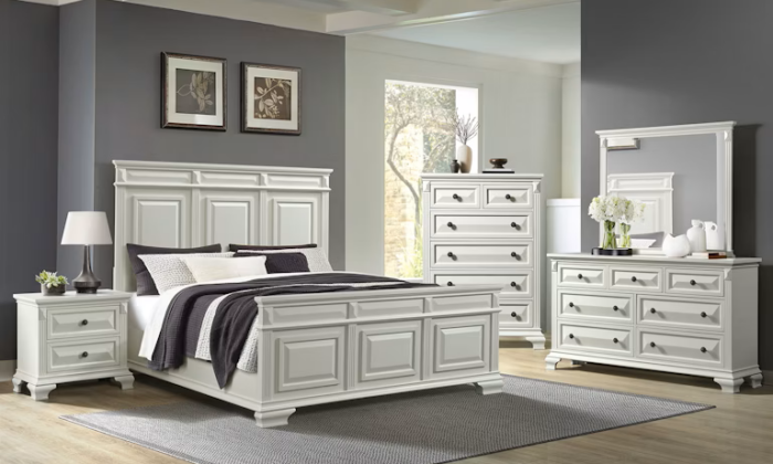 Bridgestone Antique White 6-Piece Bedroom Set with a panel bed, nightstand, dresser, and mirror in a classic white finish.